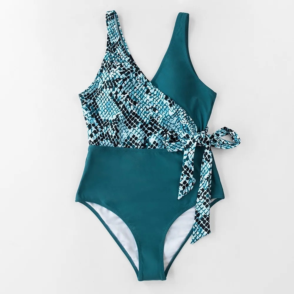 Colorblock One-Piece Swimsuit Women Belt Bow V-Neck Beach Bathing Suit Swimwear